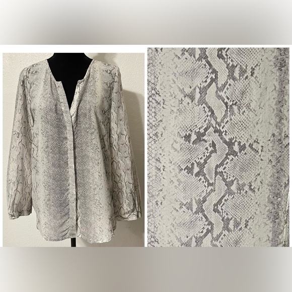 Joie Silk Gray and White Snakeskin Patterned  Blouse Front Roll Top Sleeves M - Picture 1 of 8